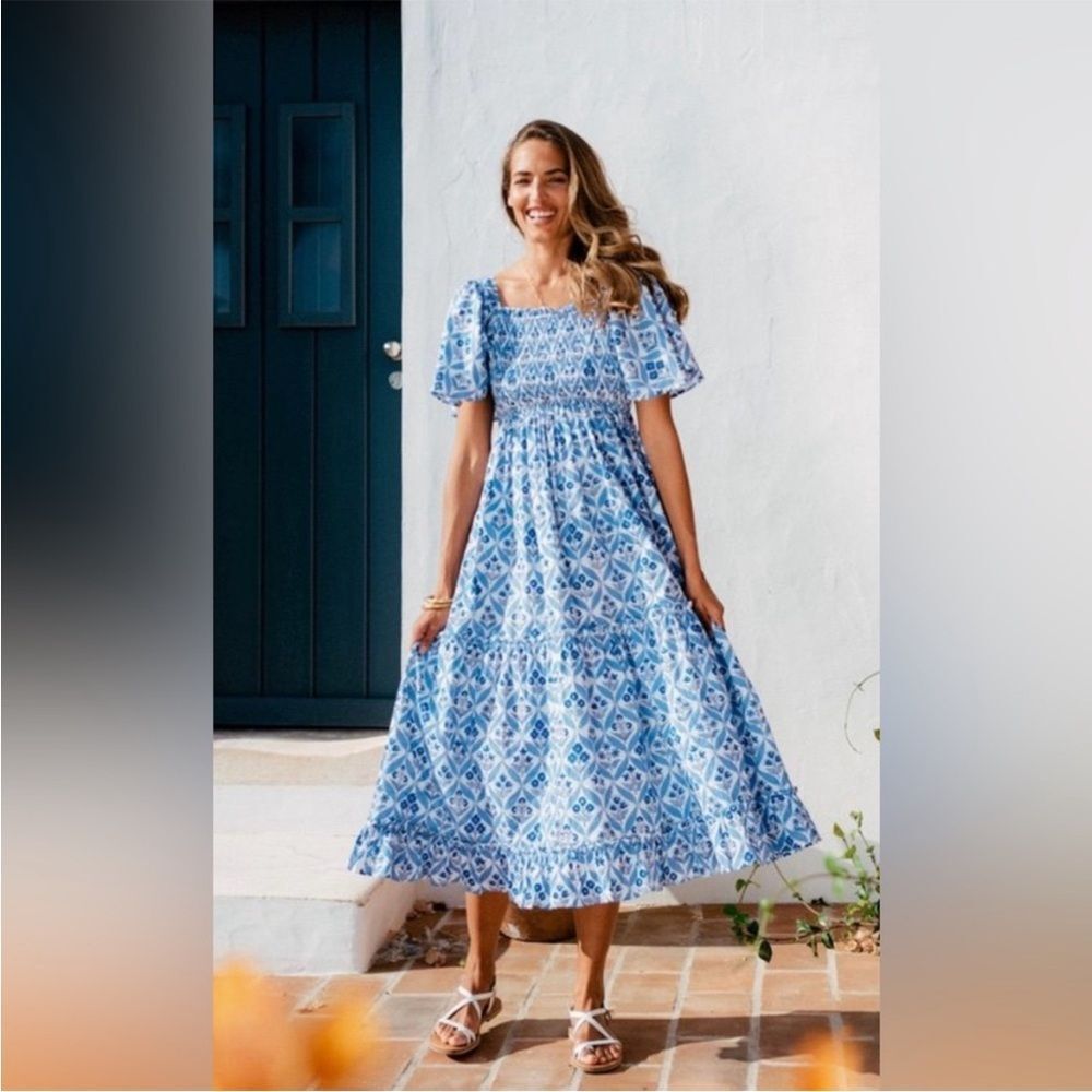 Pink City Prints Lolita Long Dress in Blue & Gray Floral Sky Trellis Size Medium